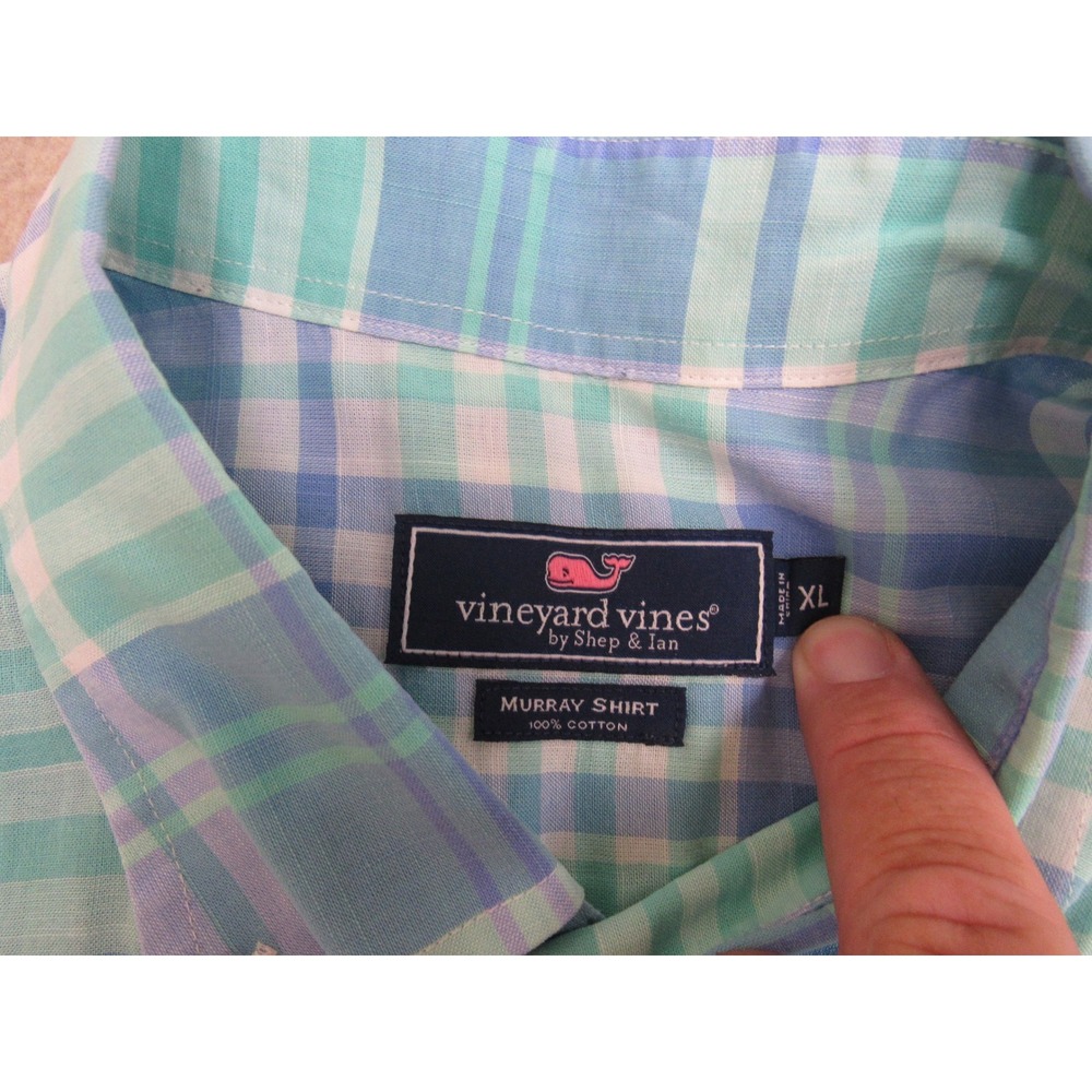 Vineyard Vines Murray Shirt Mens XL Blue Green Plaid S/S Cotton Button Up - Picture 3 of 6